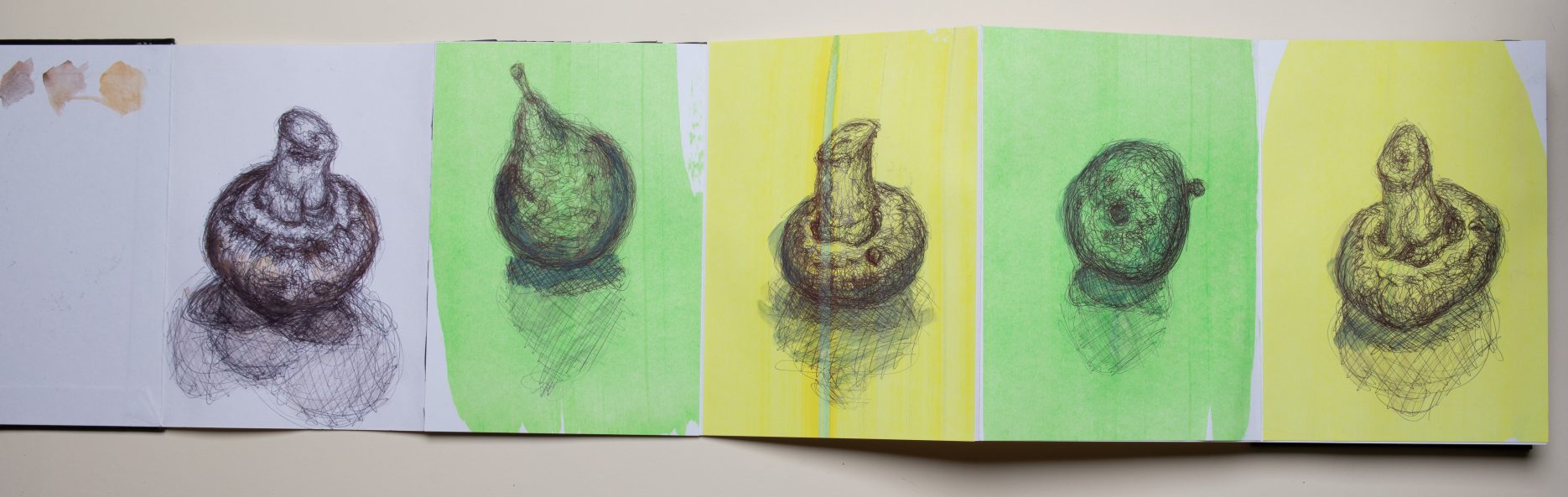 This is a series of simple mushroom & pear biro studies taken from my concertina sketch book